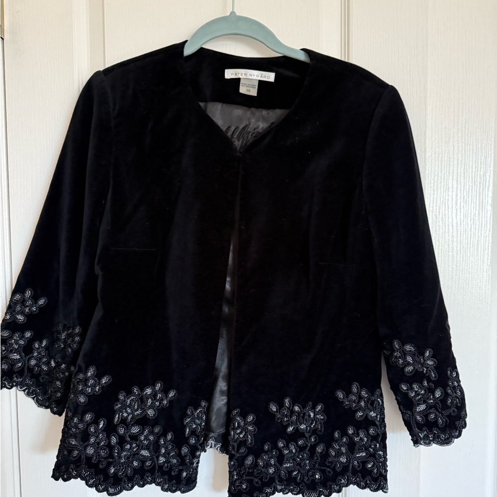 Peter Nygard Black Velvet Evening Jacket Sz 10 / Med Embroidered Floral Trim NEW